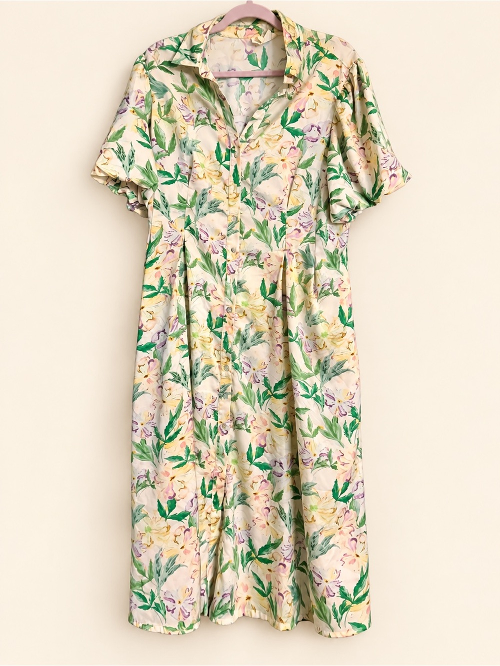 MELLODAY Cream Midi Dress with Green and Pastel Floral Print